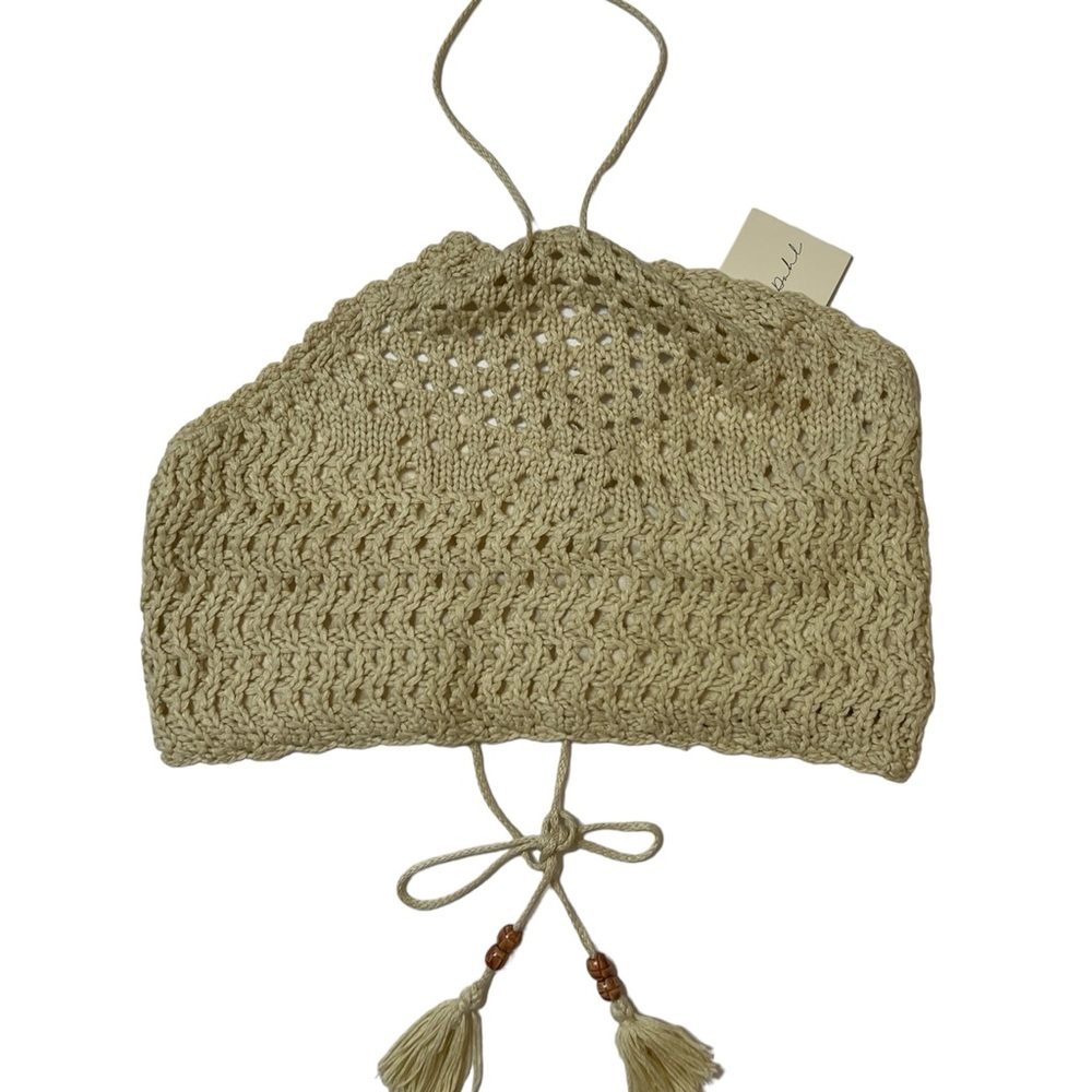 Darah Dahl Taupe Crochet Halter Tie Back Tassel Crop Top Sz L Women